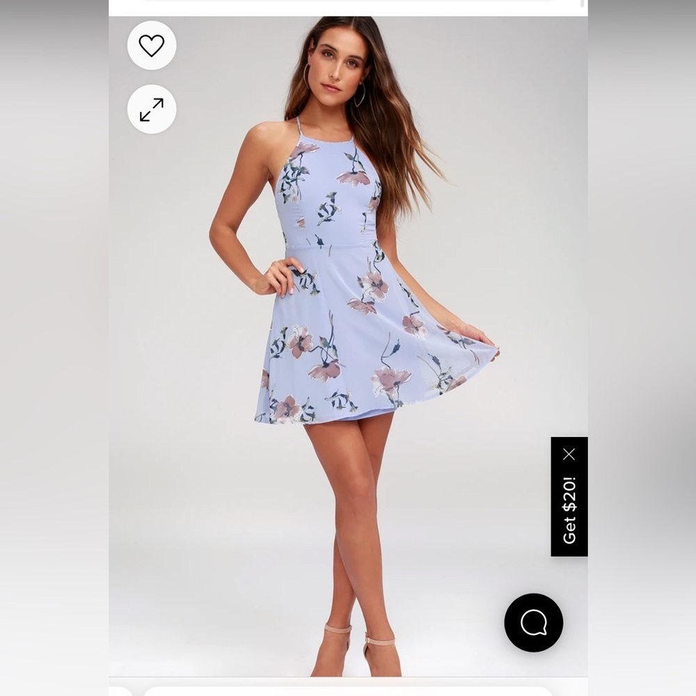 Lulu’s Cherished Moment Dusty Blue Floral Print Lace-Up Skater Dress | size sm